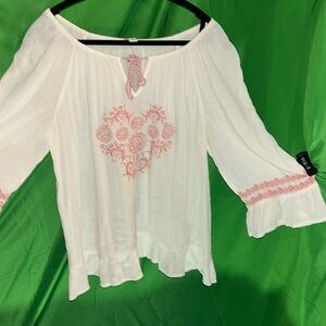 Cato Wht & Pink, Boho, Vneck W Tie, 3/4 Bell Slv, Flowy Blouse P2P 18”